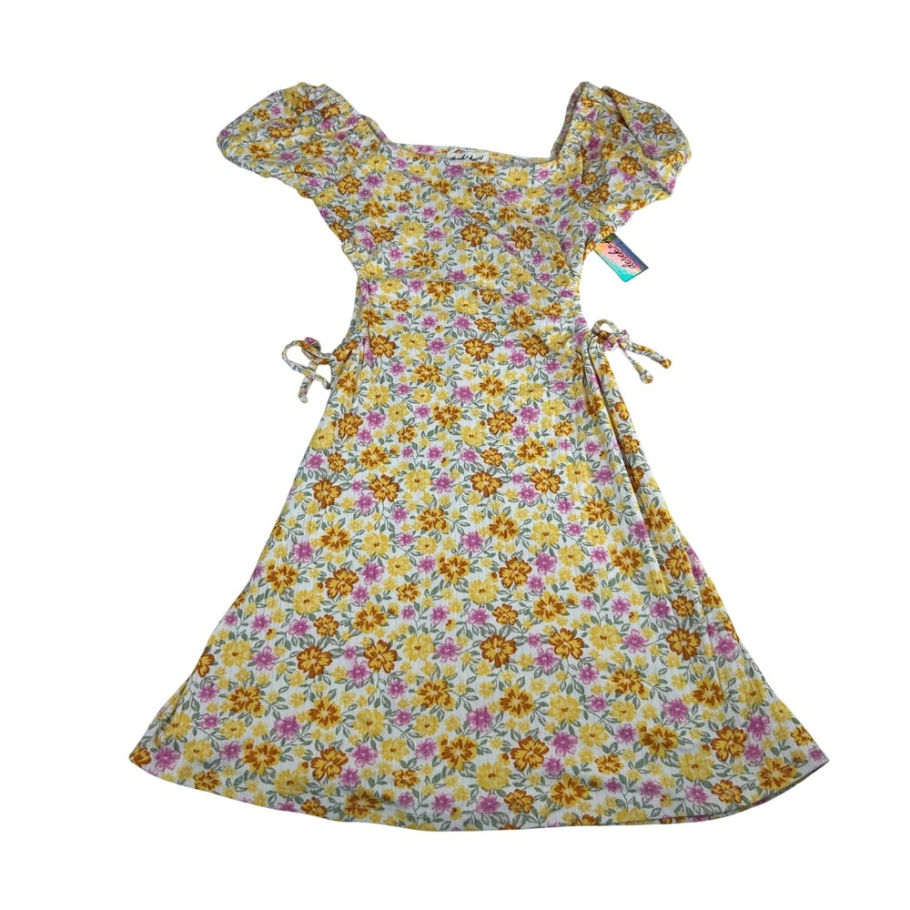 Derek Heart Womens Floral Ribbed Puff Sleeve Mini‎ Dress Yellow Pink White Small